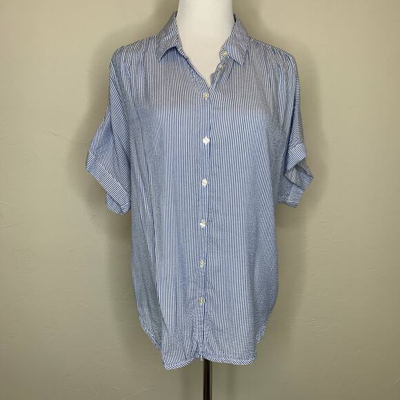 H&M Blue Vertical Pin Stripe Blouse Flowy Oversized Sz 4 - Picture 1 of 10
